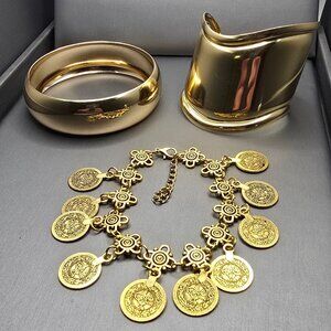 Gold Tone Bracelet Trio Cuff Bangles and Coin Charm Fashion Jewelry Anti Tarnish